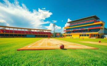 A cricket field set in vibrant Zimbabwe with clear skies, lush green grass, and a cricket pitch ready for action.