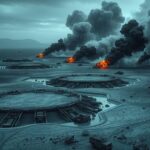 A dramatic military operation scene with airstrikes, depicting craters and smoke against a desolate landscape.