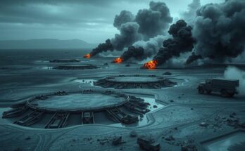 A dramatic military operation scene with airstrikes, depicting craters and smoke against a desolate landscape.