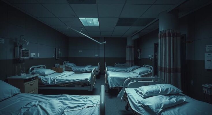 A dimly lit hospital ward in South Sudan with medical supplies and equipment, reflecting a somber atmosphere.