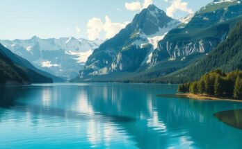 A serene lake scene with clear water reflecting surrounding mountains and lush trees under a blue sky.