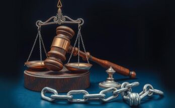 A symbolic representation of justice with a gavel, a scale, and a broken chain on a dark background.