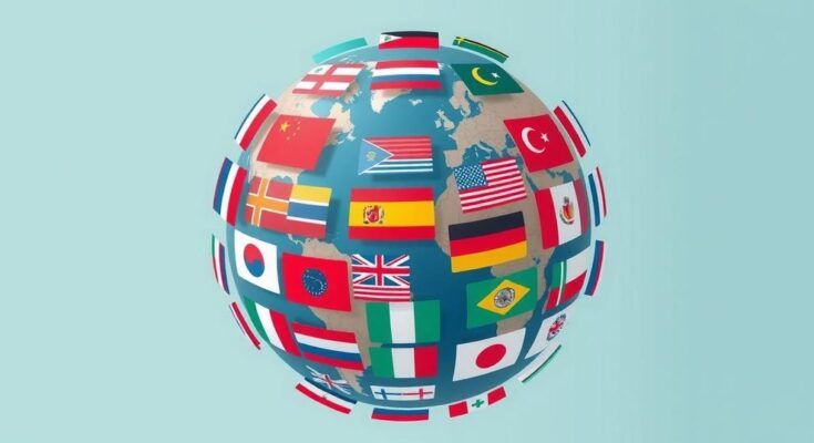 Symbolic depiction of a globe surrounded by various national flags, showcasing global unity and travel barriers.