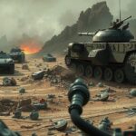 A dramatic landscape of El Fasher depicting armored vehicles and a tense atmosphere, in a gritty artistic style and muted colors.