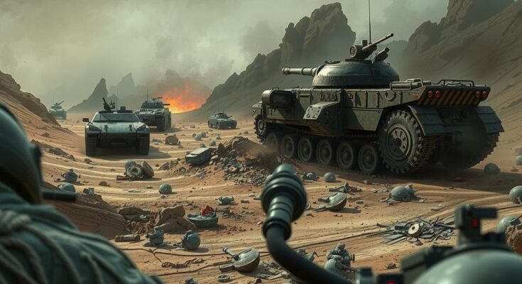 A dramatic landscape of El Fasher depicting armored vehicles and a tense atmosphere, in a gritty artistic style and muted colors.
