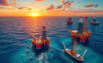 Deepwater oil exploration scene depicting a vibrant offshore landscape with drilling platforms and ocean views.