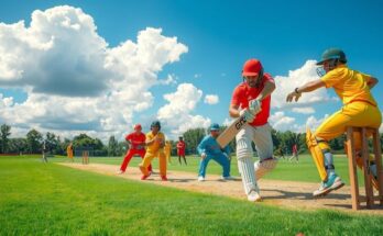 Cricket tournament scene with a green field, wickets, and colored uniforms of players in action under a clear blue sky.