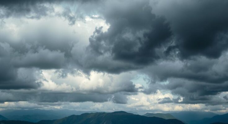A darkened landscape with storm clouds and distant mountains, representing political tension and conflict in Ethiopia.
