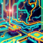 Abstract digital illustration of fintech system with interconnected circuits and pixels in vibrant colors representing payments.
