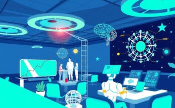 A vibrant conference scene with abstract representations of AI technology and education tools, showcasing digital learning.