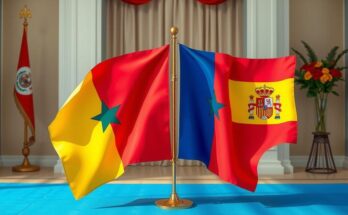 A welcoming event featuring flags and decorations representing Ghana and Spain, symbolizing diplomacy and unity.