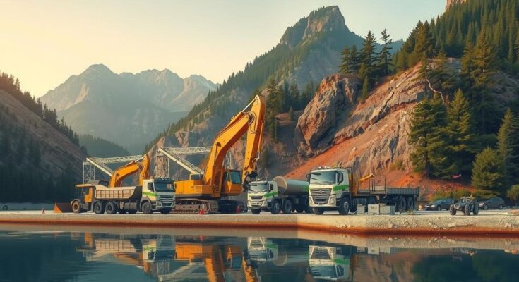 A serene industrial landscape of a mining area with equipment, depicting maintenance activities and nature.