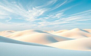 A serene landscape featuring peaceful hills under a calm, blue sky with light clouds, painted in soft pastel colors.