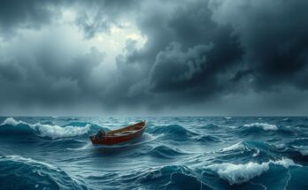 A dramatic scene depicting a small boat surrounded by choppy waters, under a stormy sky, inspired by realism.