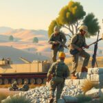 Military builders and specialists working together in a collaborative reconstruction effort in a peaceful landscape.