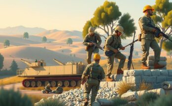 Military builders and specialists working together in a collaborative reconstruction effort in a peaceful landscape.
