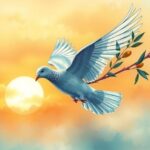 A symbolic peace dove overlaid with olive branches and a sunset backdrop, representing hope for ceasefire in conflict.