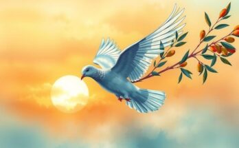 A symbolic peace dove overlaid with olive branches and a sunset backdrop, representing hope for ceasefire in conflict.