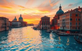 Venetian lagoon during a wedding, featuring classic architecture and a sunset color scheme, evoking romance.
