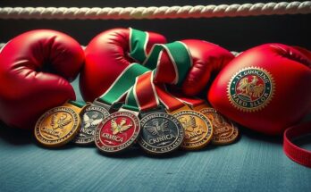 A vibrant depiction of a boxing championship scene featuring medals, gloves, and national colors in a dynamic layout.
