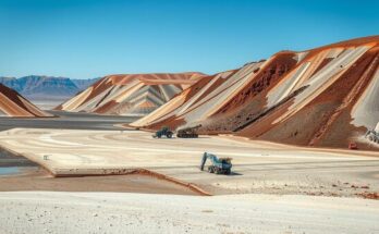 Image of mining machinery in a barren landscape representing mining activities impacting natural resources.