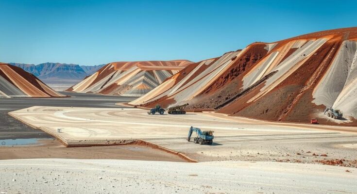 Image of mining machinery in a barren landscape representing mining activities impacting natural resources.