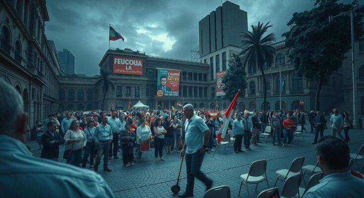 Dramatic scene of a campaign event in Bogotá with somber colors, capturing the tension of political unrest.
