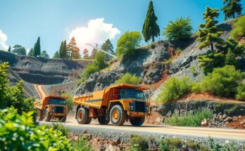 Landscape of a mining site with machinery and trees under a clear sky, representing sustainable mining practices.