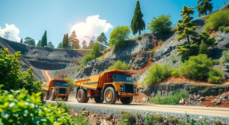 Landscape of a mining site with machinery and trees under a clear sky, representing sustainable mining practices.