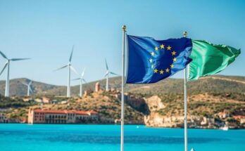 Two flags waving over a scenic Mediterranean landscape, depicting Tunisian and Danish unity in cooperation while embracing renewable energy.