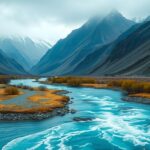 A symbolic representation of water as a lifeline, showing a river and mountains under a dramatic sky.