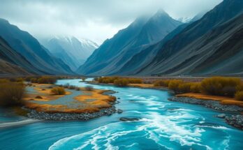 A symbolic representation of water as a lifeline, showing a river and mountains under a dramatic sky.