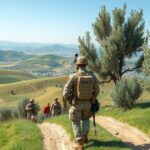 Peacekeeping forces patrolling a serene southern Lebanon landscape with olive trees and rolling hills under a clear sky.