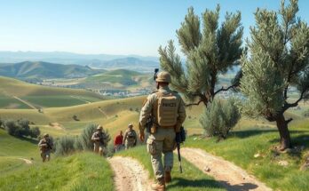 Peacekeeping forces patrolling a serene southern Lebanon landscape with olive trees and rolling hills under a clear sky.