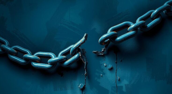 A symbolic representation of opposition to authority, featuring a broken chain against a dark background, signifying freedom.