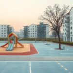 A serene view of a cityscape with empty playgrounds and quiet streets to symbolize demographic changes in Argentina.