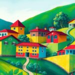 Symbolic representation of education development in Guyana, featuring books and school buildings with green landscapes.
