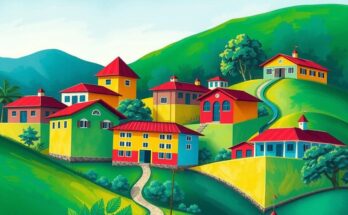 Symbolic representation of education development in Guyana, featuring books and school buildings with green landscapes.