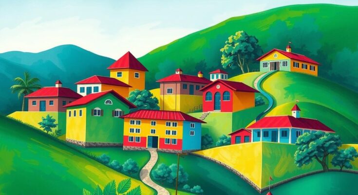 Symbolic representation of education development in Guyana, featuring books and school buildings with green landscapes.