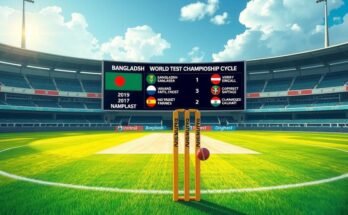 Colorful cricket field with scoreboard signifying Bangladesh's busy World Test Championship schedule.