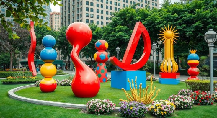 Colorful outdoor sculptures in an urban park, showcasing art in Goshen downtown.
