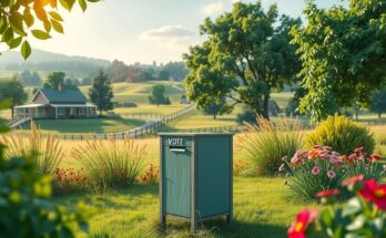 A serene landscape depicting a voting box surrounded by greenery, symbolizing hope for democracy and fair elections.