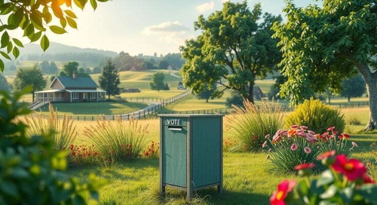 A serene landscape depicting a voting box surrounded by greenery, symbolizing hope for democracy and fair elections.