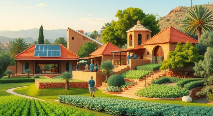 A serene Moroccan landscape with eco-friendly accommodations and local agricultural practices promoting sustainability.