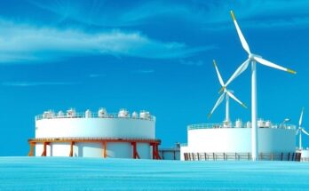 LNG export project concept with natural gas tanks, wind turbines, and a blue sky, illustrating industrial collaboration and energy.