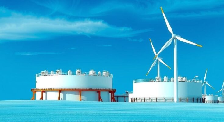 LNG export project concept with natural gas tanks, wind turbines, and a blue sky, illustrating industrial collaboration and energy.