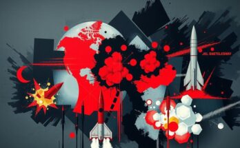 An abstract representation of tension, featuring explosive imagery and a dark color palette to signify conflict.