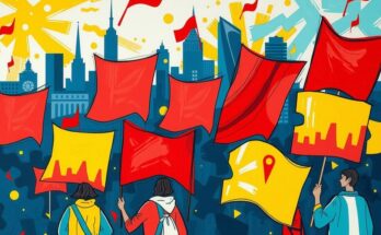 Abstract representation of a protest with colorful banners and a lively atmosphere, reflecting community engagement.