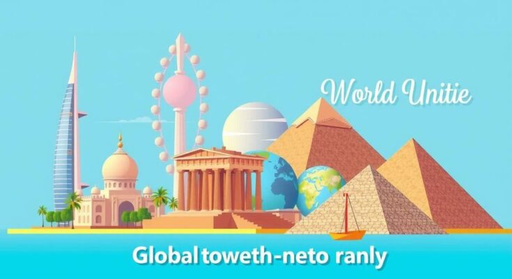 Symbolic representation of global tourism renewal with colorful world landmarks and a bright future theme.