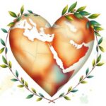 A heart-shaped globe with olive branches, symbolizing peace between nations and community safety in the Middle East.